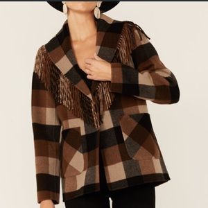 Pendleton Women’s Black & Tan Plaid Fringed Wool Blend Jacket Barn Coat